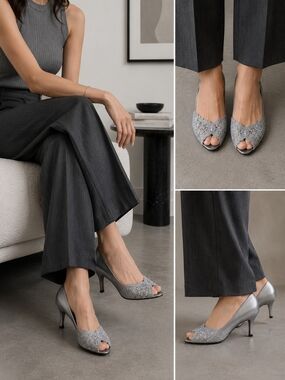 Stuart Weitzman Chantilly Lace Peep-Toe Pumps – Swarovski Crystal– Size 6
